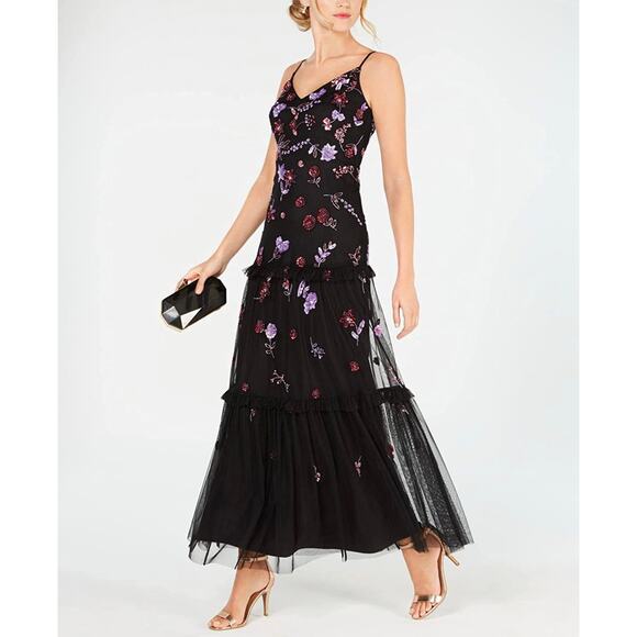 ADRIANNA PAPELL Embroidered Purple Beaded Floral Maxi Gown Dress – US 14 - Picture 3 of 9